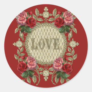 Vintage Valentine Rosa Roses LIEBE Runder Aufkleber