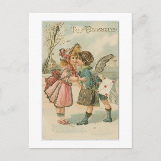 Vintage Valentine zwei Kinder küssen Feiertagspostkarte (Vorderseite)