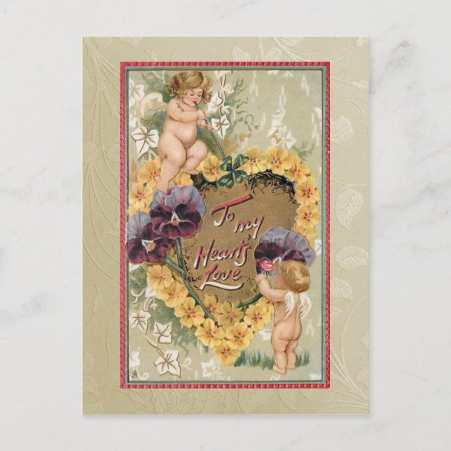 Vintage Valentinenkerne und Stiefmütterchen Postkarte (Vorderseite)