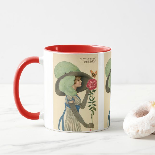 Vintage Valentine's Day, Lady Red Rose Butterfly Tasse (Mit Donut)