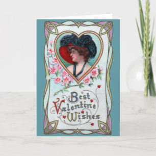 Vintage Valentinstag, elegante Frau in einem Herze Feiertagskarte