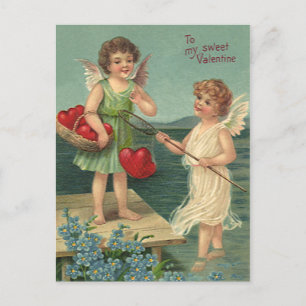 Vintage Valentinstag, Engel fischen nach Herzen Feiertagspostkarte