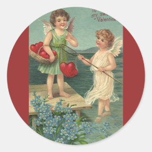 Vintage Valentinstag, Engel fischen nach Herzen Runder Aufkleber