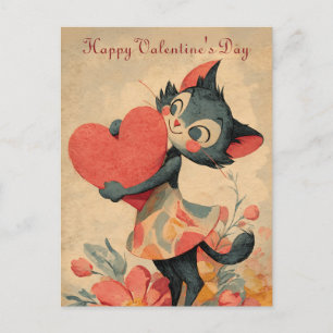 Vintage-Valentinstag-Katze mit Herz Postkarte