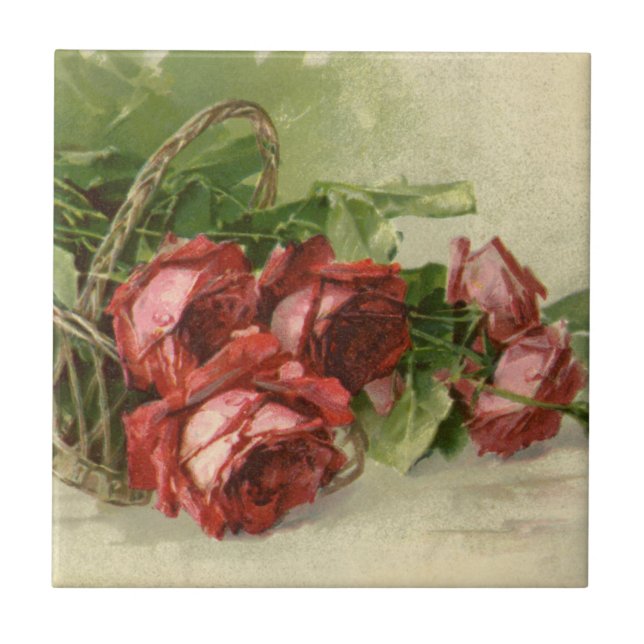 Vintage Valentinstag Liebe, Crimson-Rote Rosen Fliese (Vorderseite)