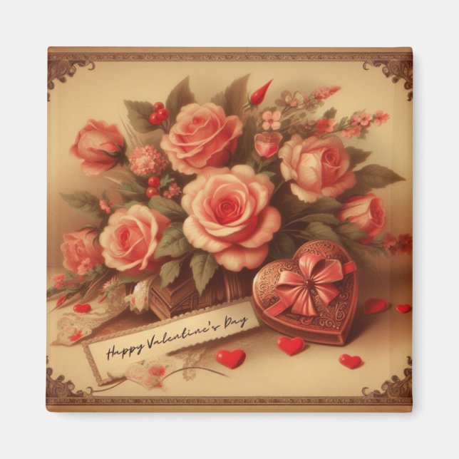 Vintage Valentinstag Schokolade und Blume Magnet (Vorne)