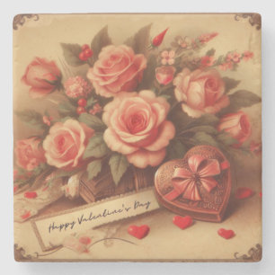 Vintage Valentinstag Schokolade und Blume Steinuntersetzer