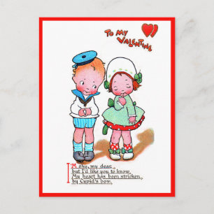 Vintage Valentinstag Süßes Mädchen & Junge mit Her Postkarte