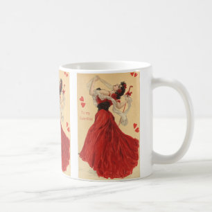 Vintage Valentinstag, tanzende Dame rote Herzen Kaffeetasse