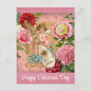 Vintage Valentinstag viktorianischer Cherub Blumen Postkarte