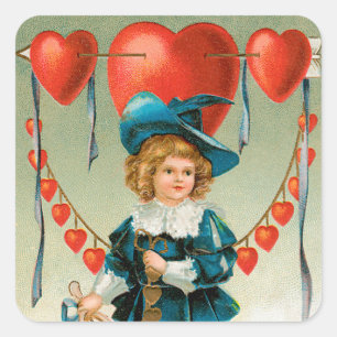 Vintage Valentinstag, viktorianischer Junge mit He Quadratischer Aufkleber