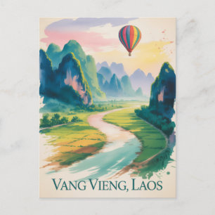 Vintage Vang Vieng Laos Reise Wasserfarben Postkarte