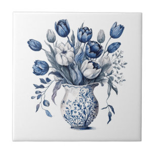 Vintage Vasenblume Blau Chinoiserie Fliese
