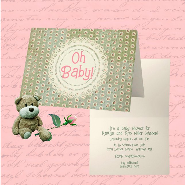 Vintage verblichene Rose Doily Green Damask Einladung (Personalize all the text for any occasion! Folded card.)