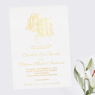 Vintage vergoldete Monogramm-Hochzeit Folieneinladung