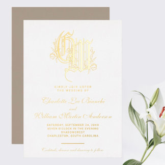 Vintage vergoldete Monogramm-Hochzeit Folieneinladung
