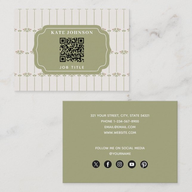 Vintage Victorian Botanical Stripes QR Code Visitenkarte (Vorne/Hinten)