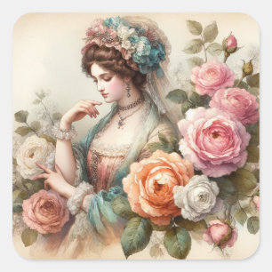 Vintage-Victorian-Lady-und-Rosen-Aquarell Quadratischer Aufkleber