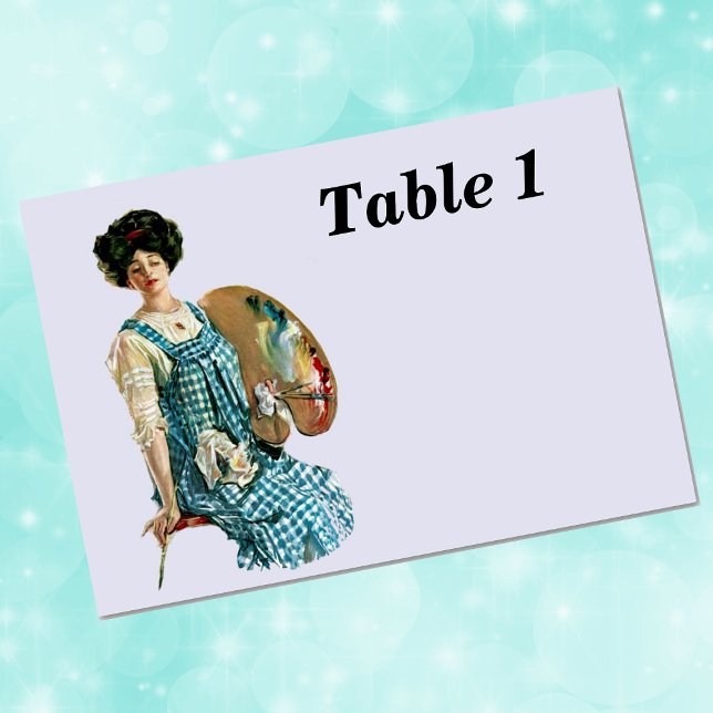 Vintage Viktorianische Artist Lady Painter Palette Tischnummer (Victorian artist lady with brush and paint palette on pale blue event table number card.)
