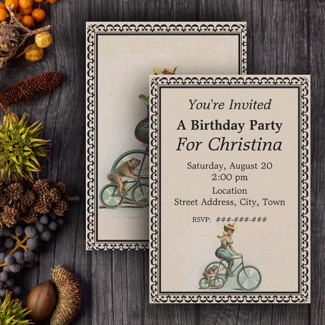 Vintage Viktorianische Dame Hund Fahrrad Geburtsta Einladung (Victorian lady and bulldog riding bicycles on ornate tan Birthday party invitations.)