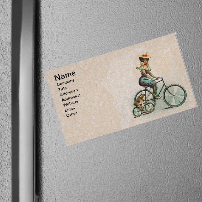 Vintage Viktorianische Dame Hund Fahrrad Magnetische Visitenkarte (Victorian lady in aqua blue riding bicycle with bulldog on bicycle on tan magnetic business card.)