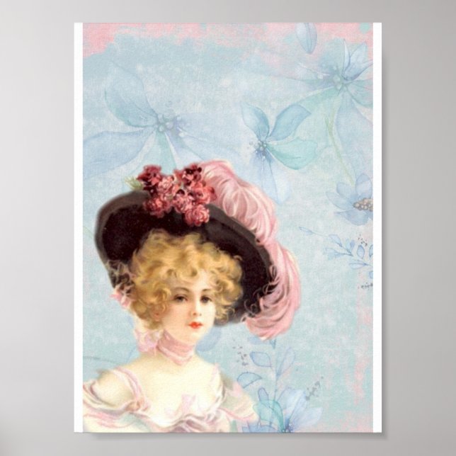 Vintage Viktorianische Elegantdame in rosa Federhu Poster (Vorne)