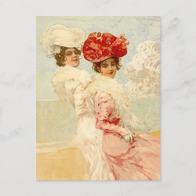 VINTAGE VIKTORIANISCHE FREUNDE AM STRAND POSTCARD POSTKARTE (Vorderseite)
