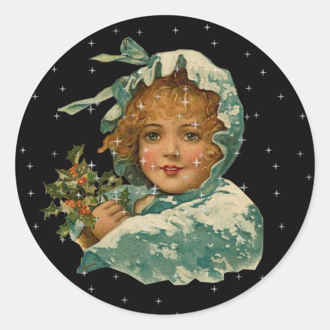 Vintage Viktorianische Girl Holly Night Star Runder Aufkleber (Vorderseite)