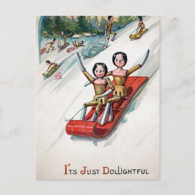 Vintage Viktorianische Holzpuppen Rodeln Postkarte (Vorderseite)