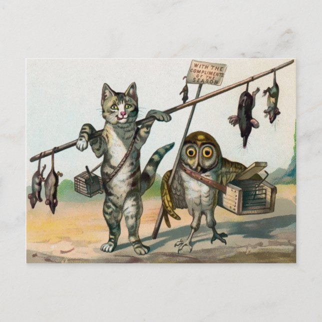 Vintage Viktorianische Katze und Eule Postkarte (Vorderseite)