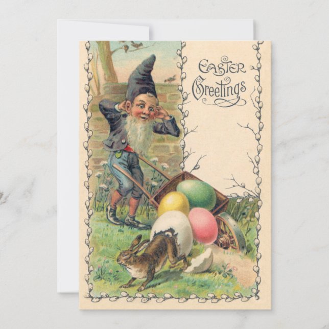 Vintage Viktorianische Ostergruß mit Gnome Einladung (Vorderseite)