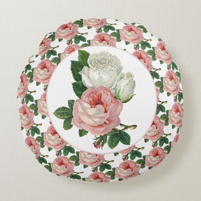 Vintage Viktorianische Rosa Rosa Rundes Kissen (Vorderseite)