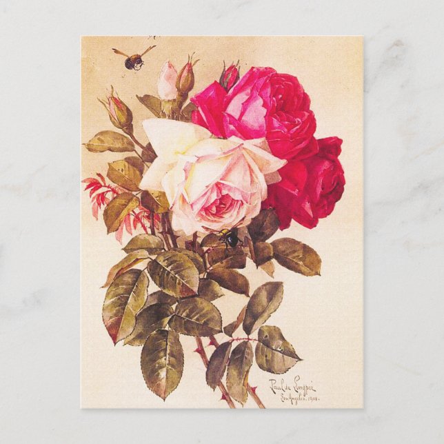 Vintage Viktorianische Rot- und Rosenrosen Postkarte (Vorderseite)