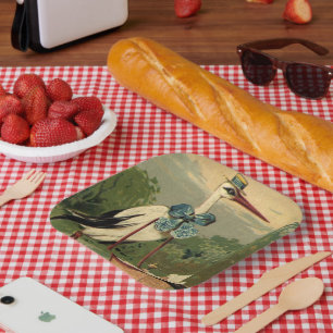Vintage Viktorianische Storch- und Babyträgt Pappteller