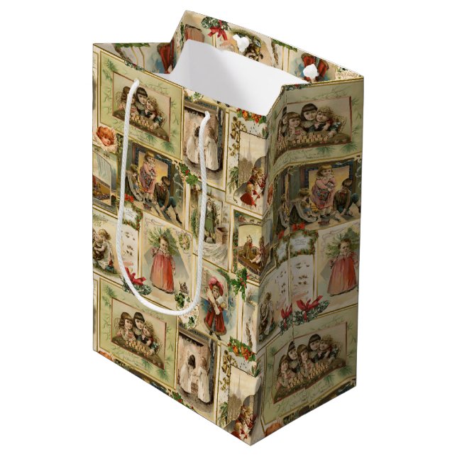 Vintage Viktorianische Weihnachtskarten-Collage Mittlere Geschenktüte (Vorderseite Schrägansicht)