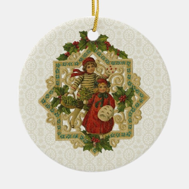 Vintage Viktorianische Weihnachtskinder Keramikornament (Vorne)