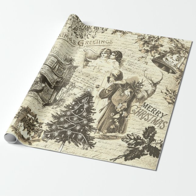 Vintage Viktorianische Weihnachtsmusik Santa Beige Geschenkpapier (Ungerollt)