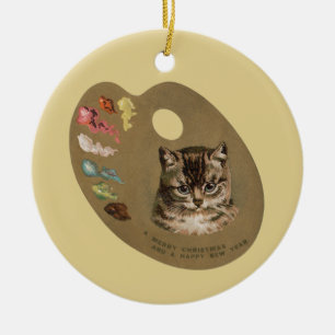 Vintage viktorianischer Cottagecore-Weihnachtskatz Keramik Ornament