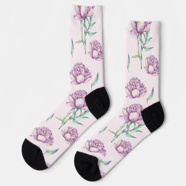 Vintage Violet Peony Flowers Seamless Pattern Socken (Linkes Detail)