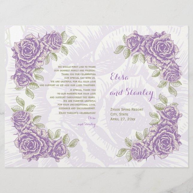 Vintage violet rose programme plié mariage (Devant)