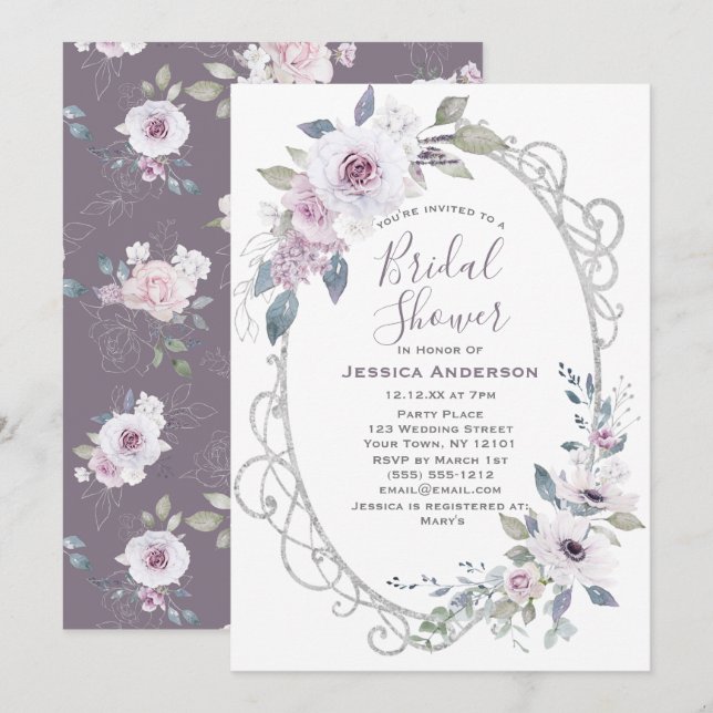 Vintage Violett-Rose Silver Brautparty Einladung (Vorne/Hinten)
