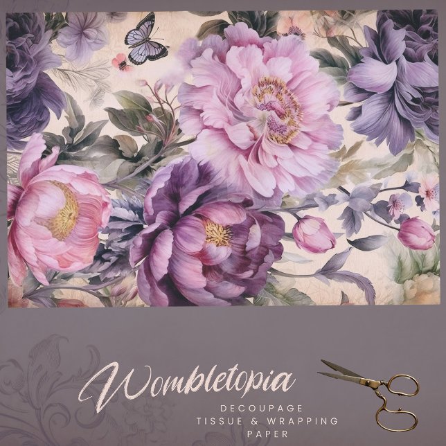 Vintage violette Blumen und Schmetterlinge Dekorat Seidenpapier (Von Creator hochgeladen)