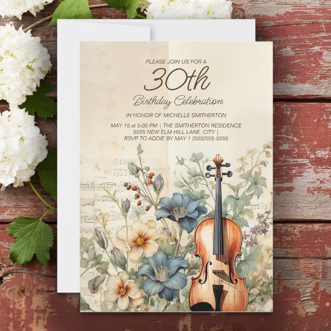 Vintage Violin Dusty Blue Blumen 30. Geburtstag Einladung (Elegant vintage violin and dusty blue floral women's 30th birthday party custom invitation)