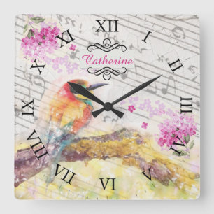 Vintage Vogel auf Baum rosa Blumen Dekupage Quadratische Wanduhr