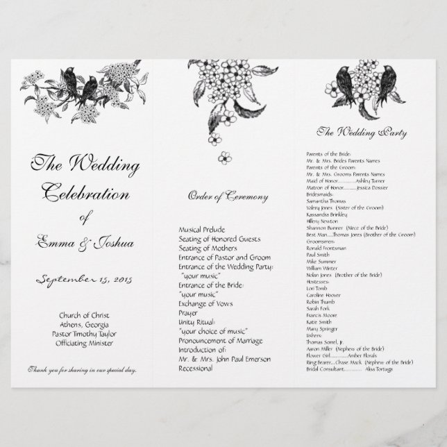 Vintage Vögel auf Zweigstelle TriFold Hochzeitspro (Vorderseite)
