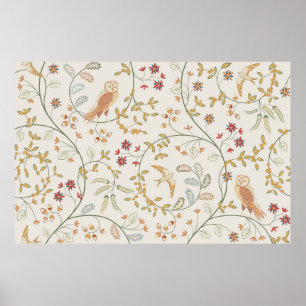 Vintage Vögel aus Blattwerk mit Blume nahtloser Pa Poster