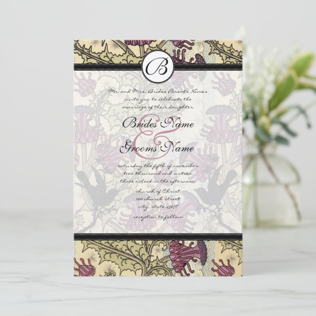 Vintage Vögel Berry Damask Einladung Hochzeit (Stehend Vorderseite)