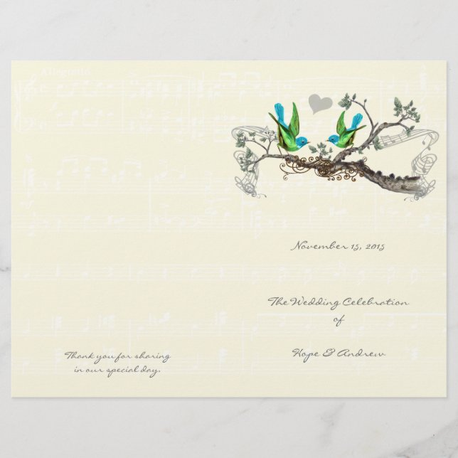Vintage-Vögel Blau- und Grünes Hochzeitsprogramm (Vorderseite)
