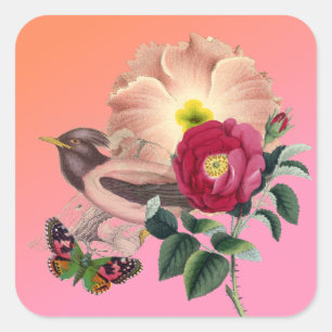 Vintage Vogel-Blume Butterfly Coral Pink Collage Quadratischer Aufkleber