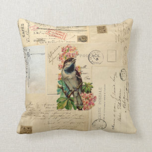 Vintage-Vogel-Blumen-französische-Postkarten-Kisse Kissen